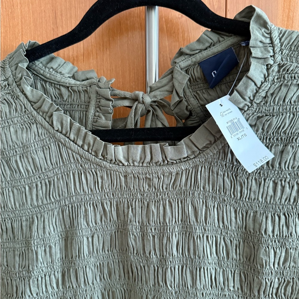 GAP Smocked Ruffle-Sleeve Cotton Midi Dress NWT • Olive - Picture 2 of 4